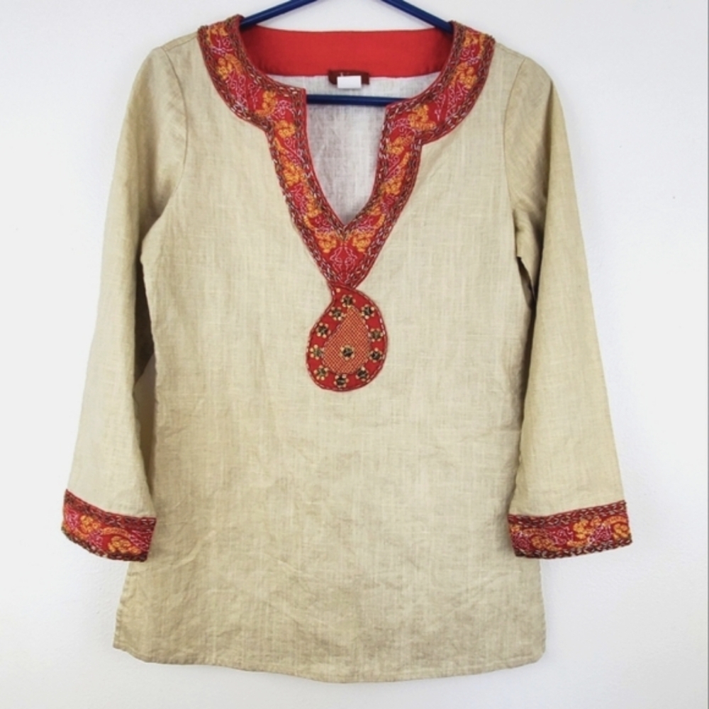 V by Eva Embellished V Neck Linen Tunic Embroidered Beaded Neckline Cuffs Size 4